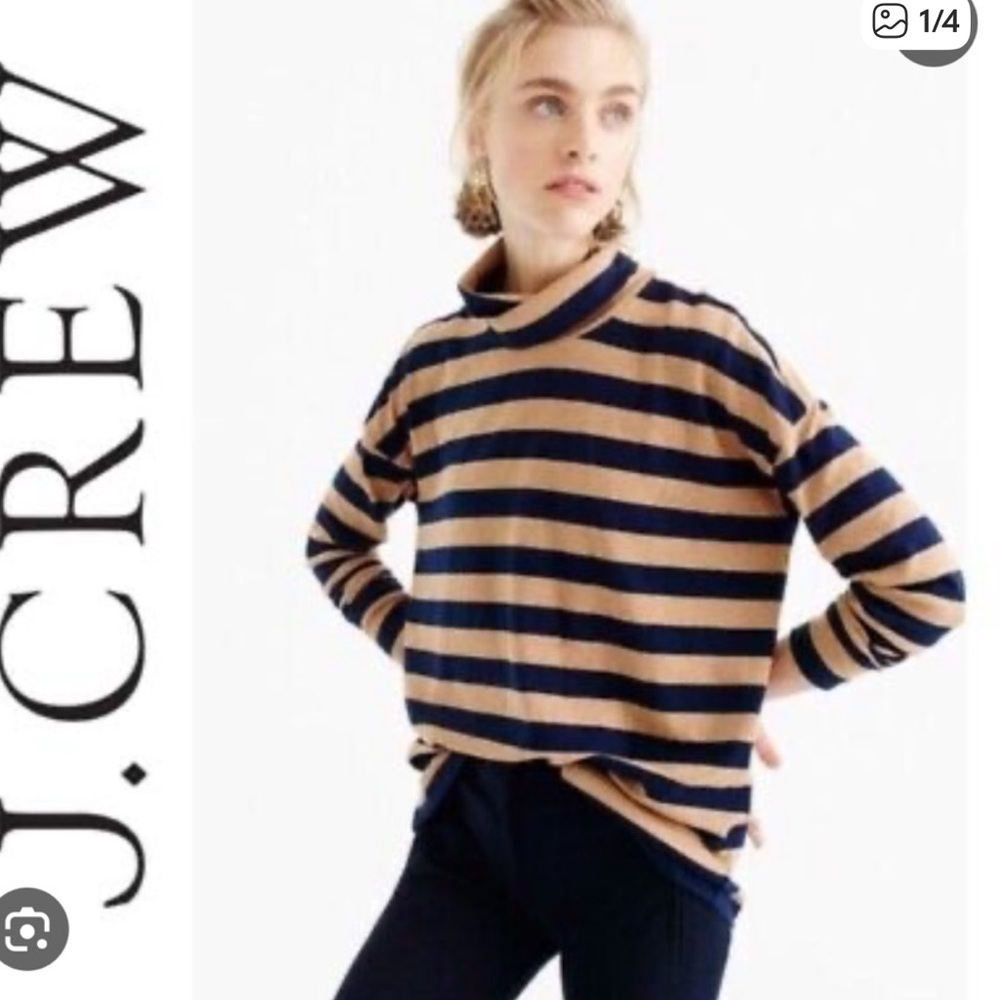 J. Crew Collection Navy and Tan Striped Turtleneck Sweater cashmere size small